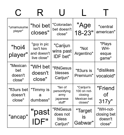 Crult Bingo Card