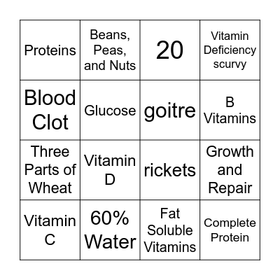 Health and Nutriction Bingo Card