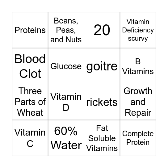 Health and Nutriction Bingo Card