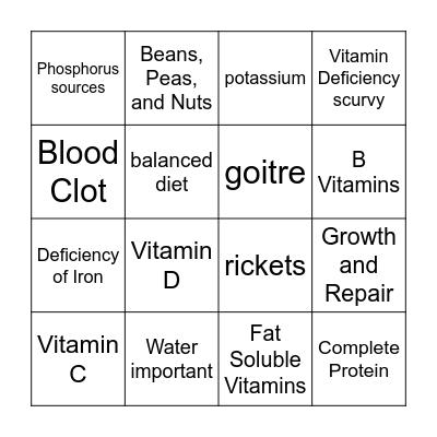 Health and Nutriction Bingo Card