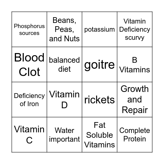 Health and Nutriction Bingo Card