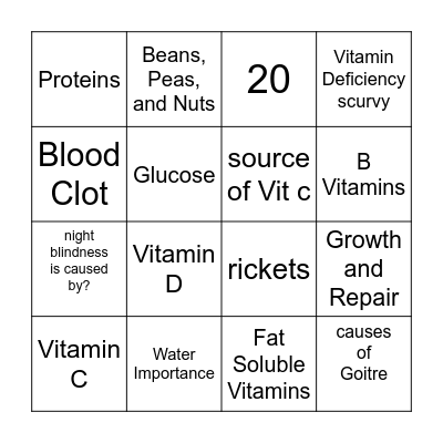 Health and Nutriction Bingo Card