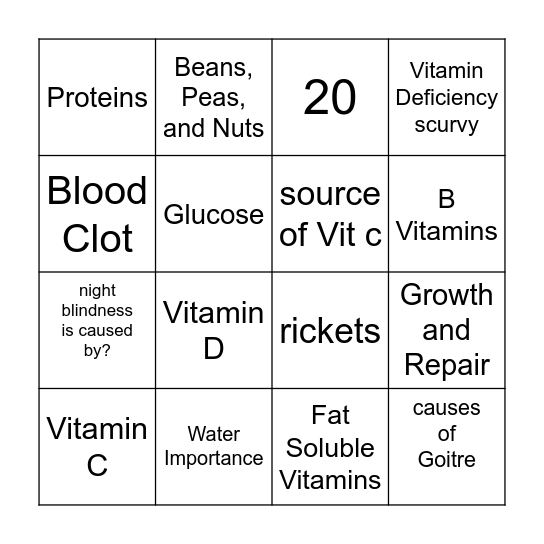 Health and Nutriction Bingo Card