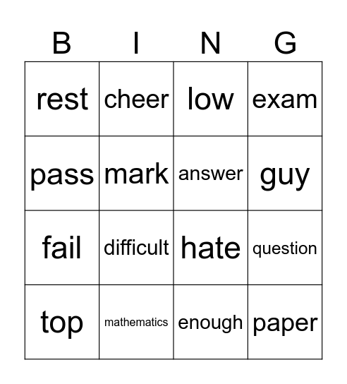 Lesson 103 Bingo Card