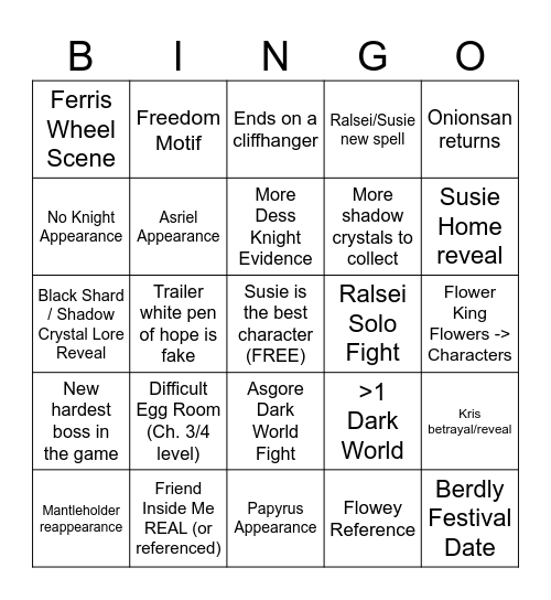 Deltarune Chapter 5 Theory Bingo Card