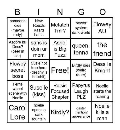 Deltarune Bingo Card
