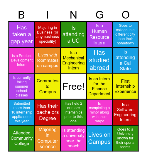 Experian Intern Human Bingo - Summer '23 Bingo Card