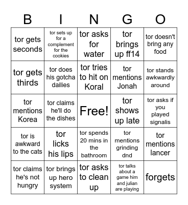 tor card Bingo Card