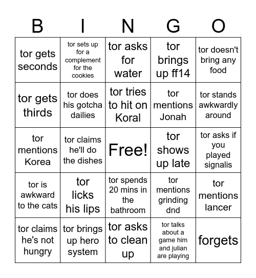tor card Bingo Card