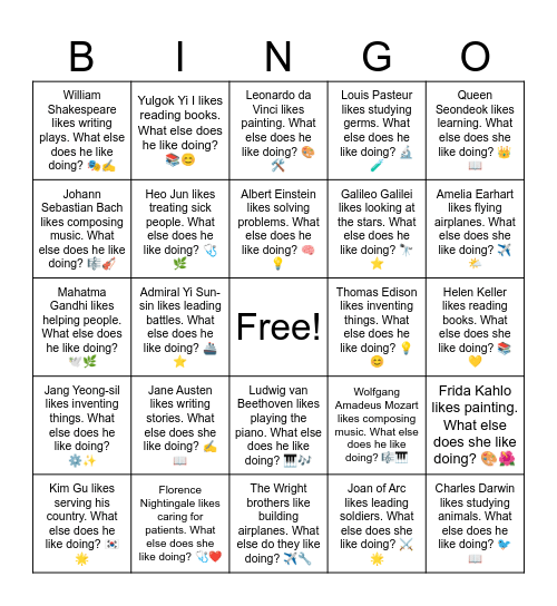 B17 L3 Frida Kahlo likes painting. What else does she like doing? 🎨🌺 Bingo Card