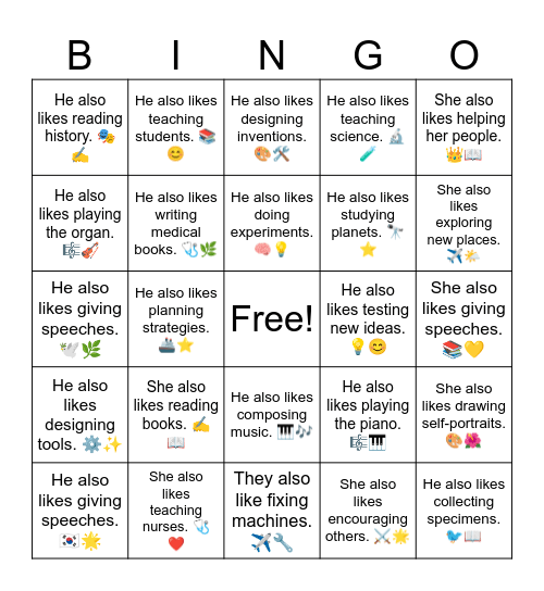 B17 L3 He also likes reading books. 🕊️🇰🇷 Bingo Card