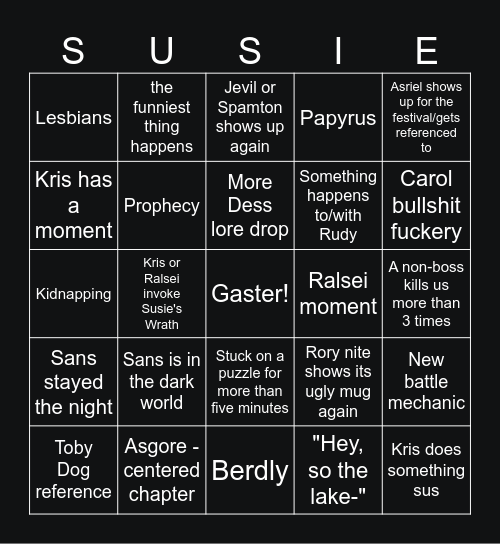 Deltarune Chapter 5 Predictions Bingo Card