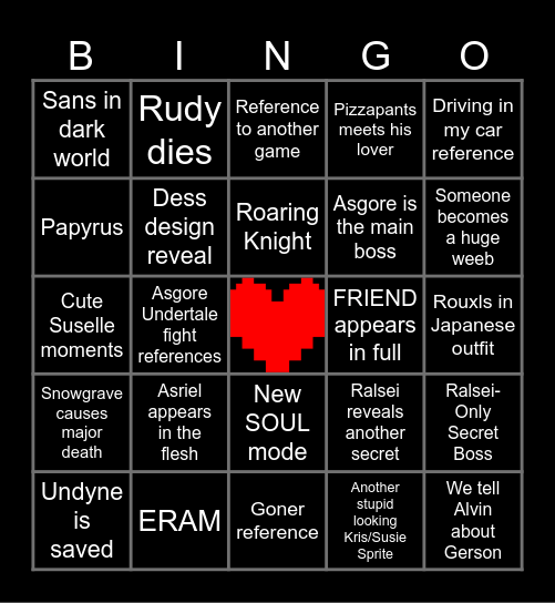 Deltarune Chapter 5 Prediction Bingo Card