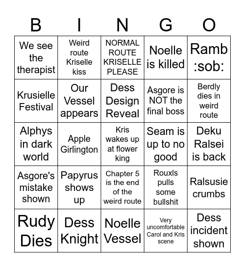 Deltarune Chapter 5 Bingo Card