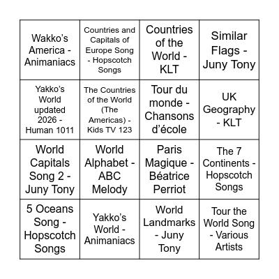 Geography Songs Bingo Card