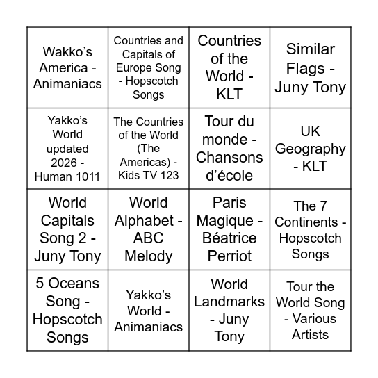 Geography Songs Bingo Card