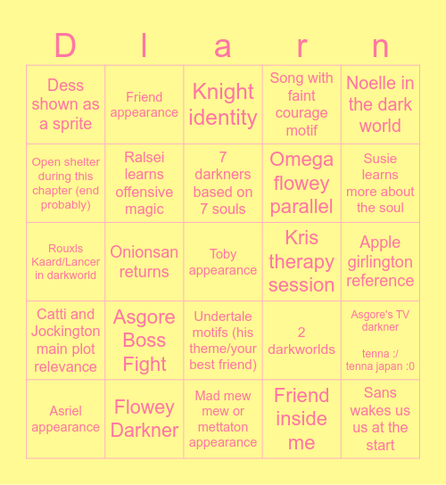 Deltarune Tomorrow Bingo Card