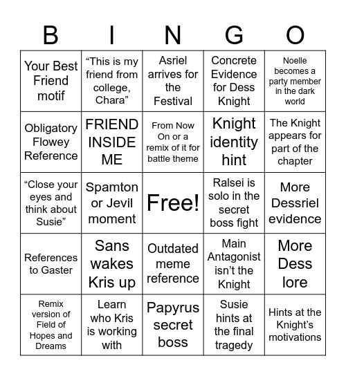 Deltarune Chapter 5 Bingo Card