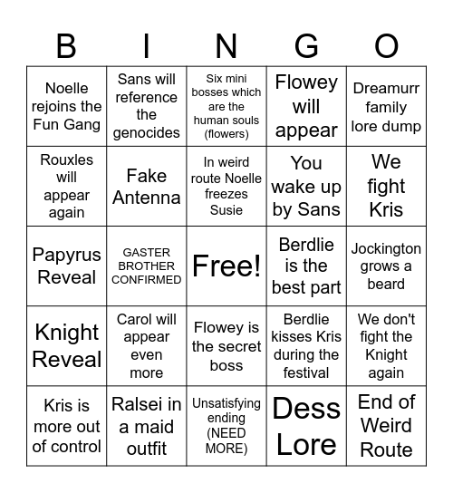 Deltarune Bingo Card