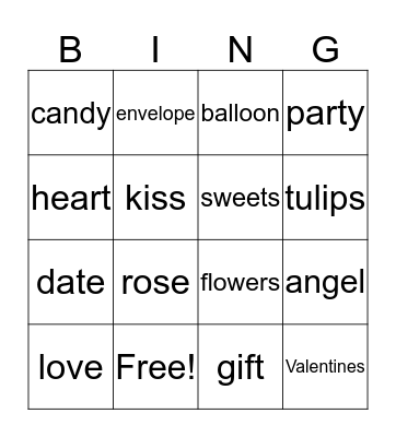 Valentines Spelling list Bingo Card