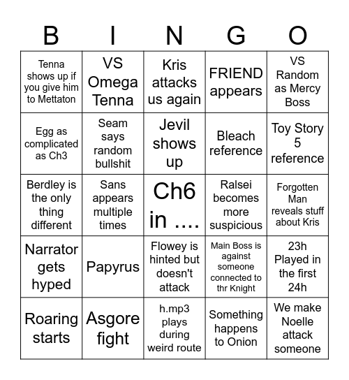 Deltarune Chapter 5 Bingo Card