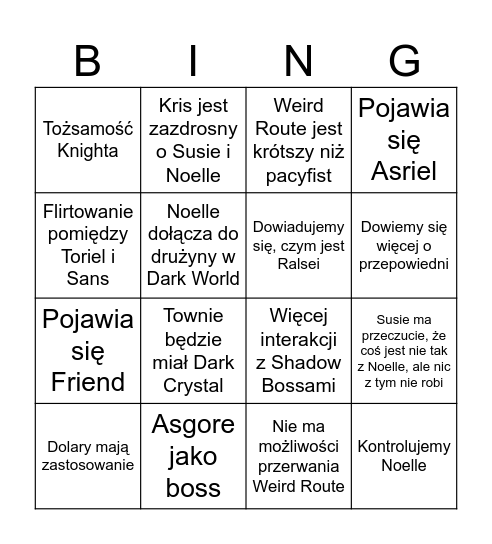 Deltarune Chapter 5 Bingo Card