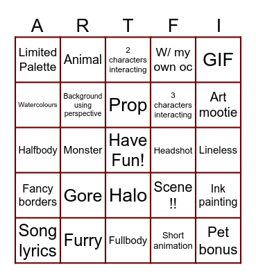 Artfight 2026 Bingo Card