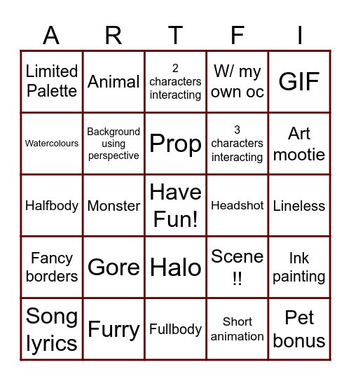 Artfight 2026 Bingo Card