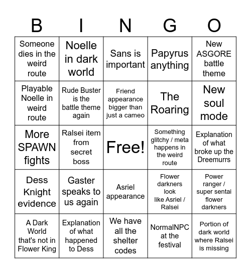 Deltarune Ch5 Bingo Card
