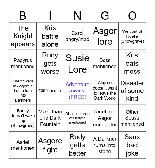 Deltarune Chapter 5 Bingo Card