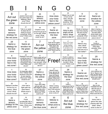 Zones of Regulation Bingo Card