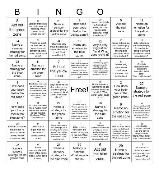 Zones of Regulation Bingo Card