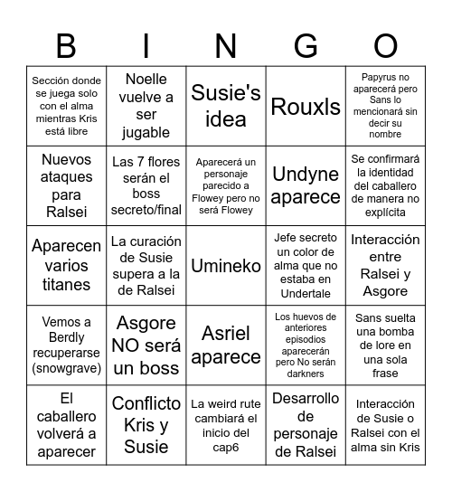 Deltarune chapter 5 Bingo Card