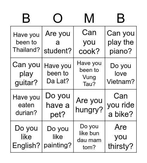 Bomb Bingo Card