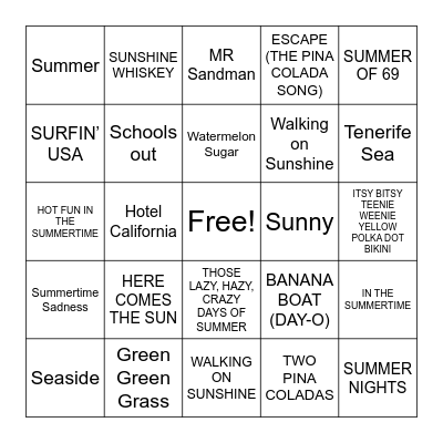 SUMMER SONGS Bingo Card