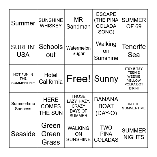 SUMMER SONGS Bingo Card