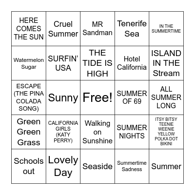 SUMMER SONGS Bingo Card