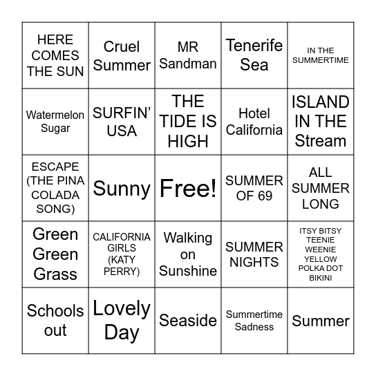 SUMMER SONGS Bingo Card