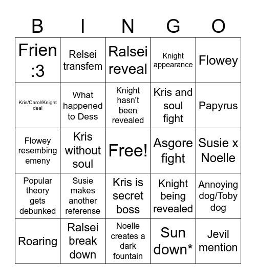 V1's and Moth's Deltarune Chapter 5 Bingo Card