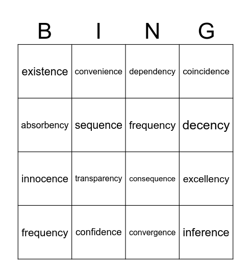 words ending in 'ence' and 'ency' Bingo Card