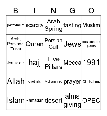Middle East Bingo Card