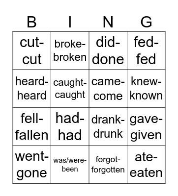 Nieregularne b-l Steps Plus 6 (+past participle) Bingo Card