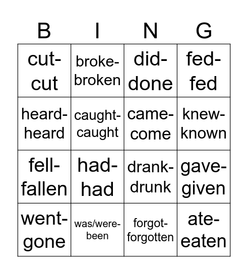 Nieregularne b-l Steps Plus 6 (+past participle) Bingo Card