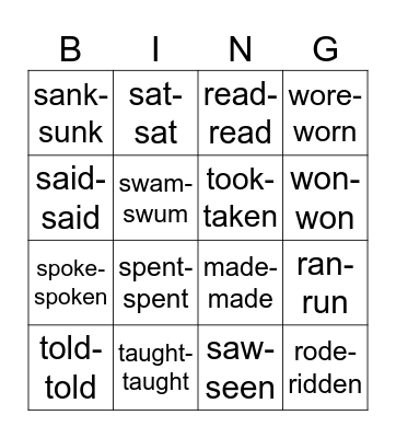 Nieregularne m-w Steps Plus 6 (+past participle) Bingo Card
