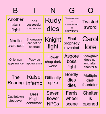 Deltarune chapter 5 Predictions Bingo Card