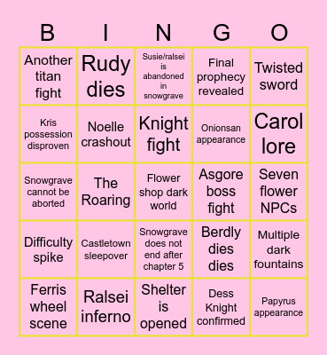 Deltarune chapter 5 Predictions Bingo Card