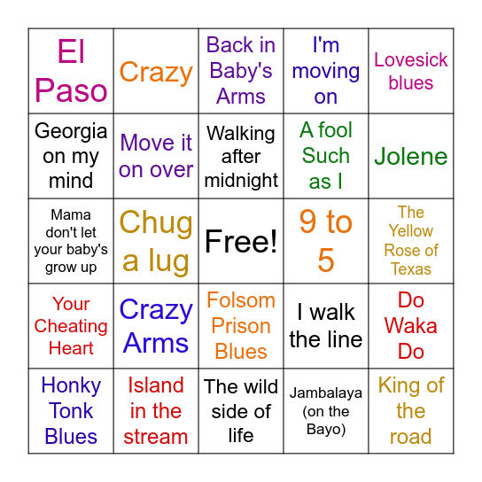 Country Music Bingo Card