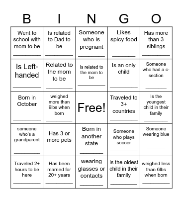 Baby Shower Bingo Card