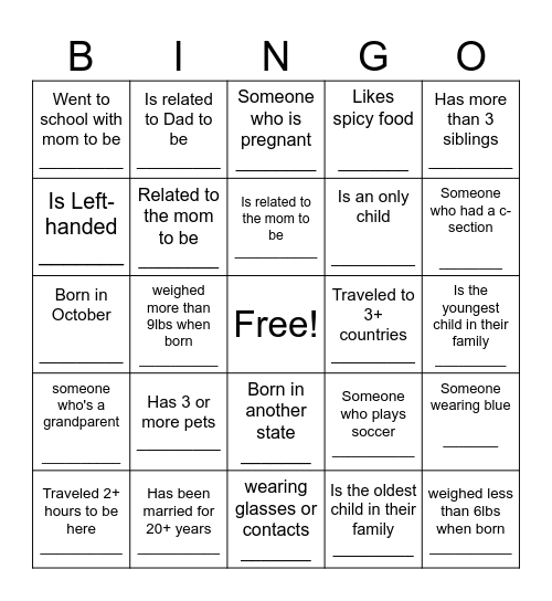 Baby Shower Bingo Card