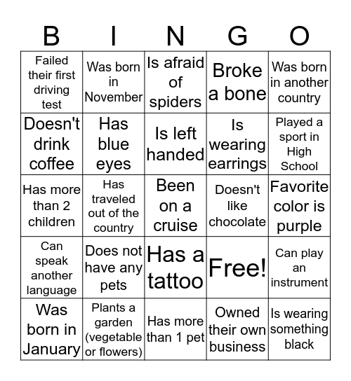 Your Name:                     Bingo Card